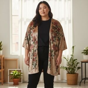 ACTING PRO Velvet Floral Kimono Jacket 2X Beige Beige Made in the U.S.A.
